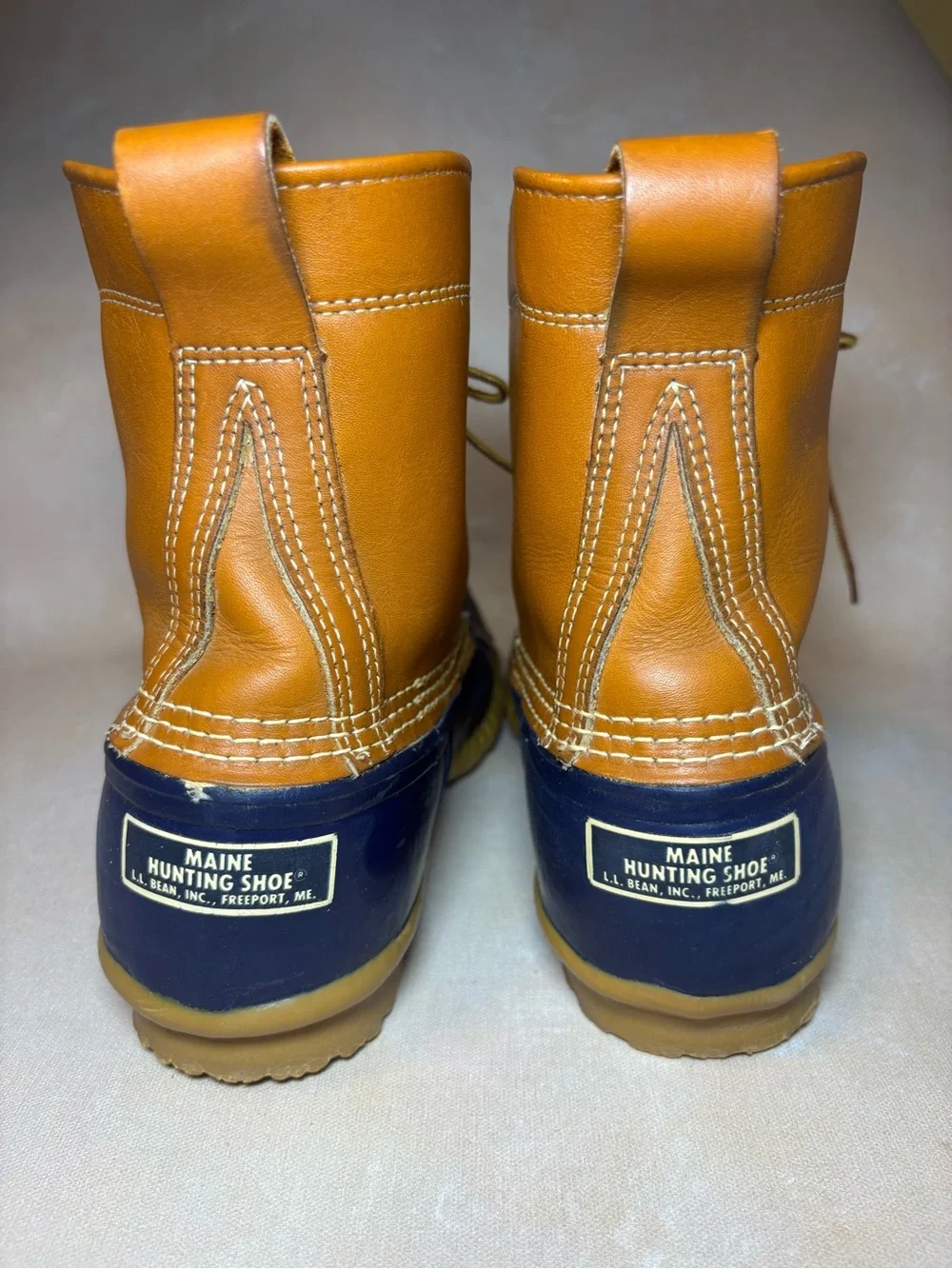 L.L. Bean Women’s Bean Boots, Tan Leather & Navy, waterproof hunting, 9 LM